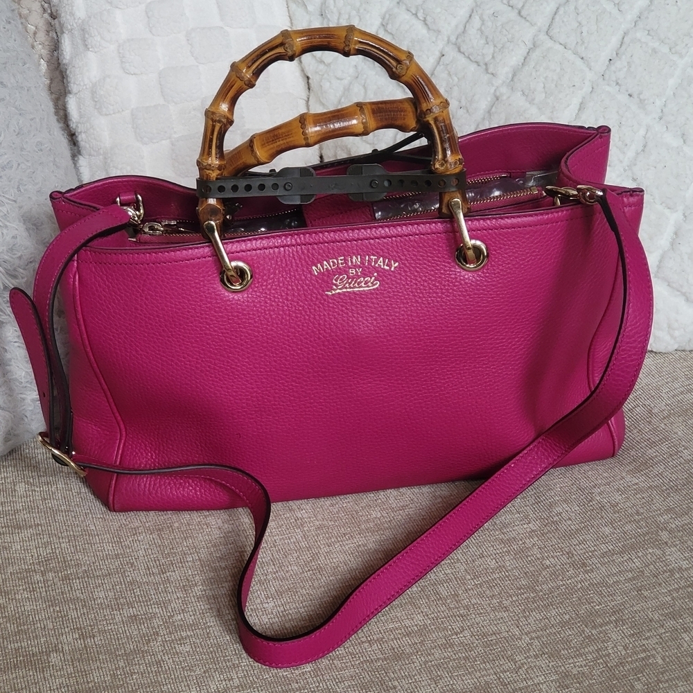 GUCCI Pebbled Calfskin M Bamboo Tote Bright Bougainvillea..Authentic!! Like New. - Picture 1 of 16